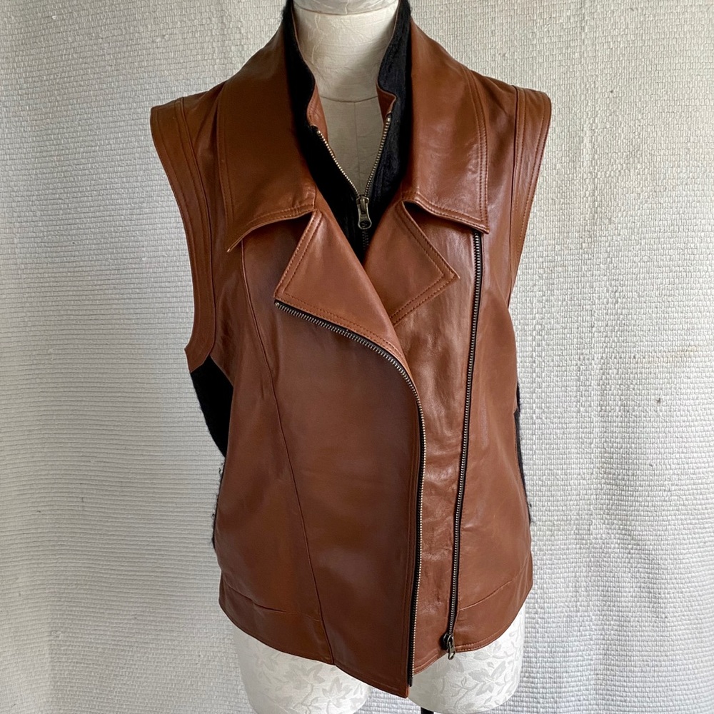 VTG 90s M Leather Wool Sleeveless Moto Jacket Vest - Picture 3 of 8